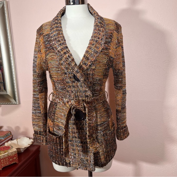 Vintage 60 70 Mod Patchwork Plaid Brown Burnt Orange Tie waist Cardigan Sweater - Picture 3 of 16